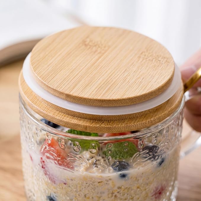 YORY 14oz Vintage Glass Mugs with Bamboo Lids & Spoons, 4-Pack gift set | Perfect for Overnight Oats, Yogurt, Coffee Tea , Kitchen, Housewarming ,women