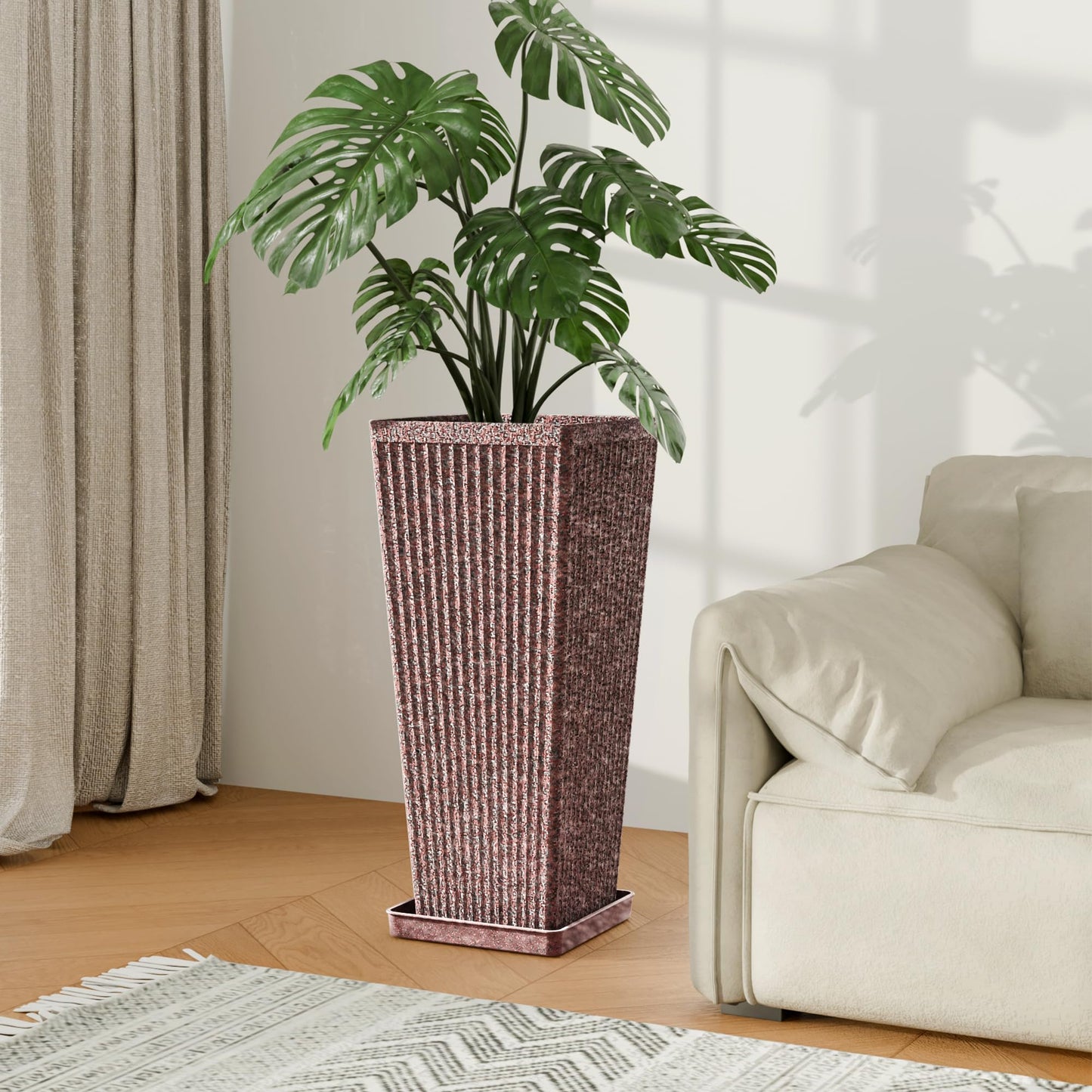 Trygoal 24" Square Tall Planters for Outdoor Plants Set of 2 - Faux Concrete Classic Tapered Indoor Flower Pots with Tray/Drainage Holes/Partition, Large Outdoor Planters for Porch Patio Garden, Brown