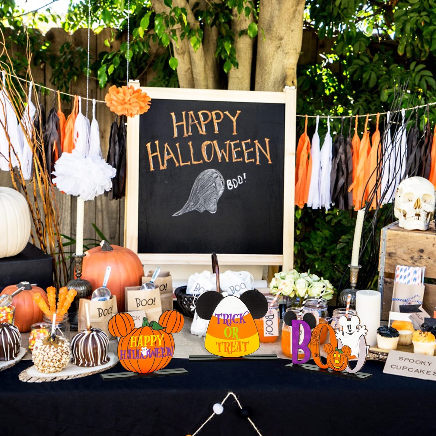 Andi Cppss 3PCS Halloween Mouse Wooden Table Centerpieces, Trick or Treat Sign Table Top Decor, Boo Sign Table Centerpiece for Halloween, Happy Halloween Mouse Pumpkin Table Topper for Party Supplies