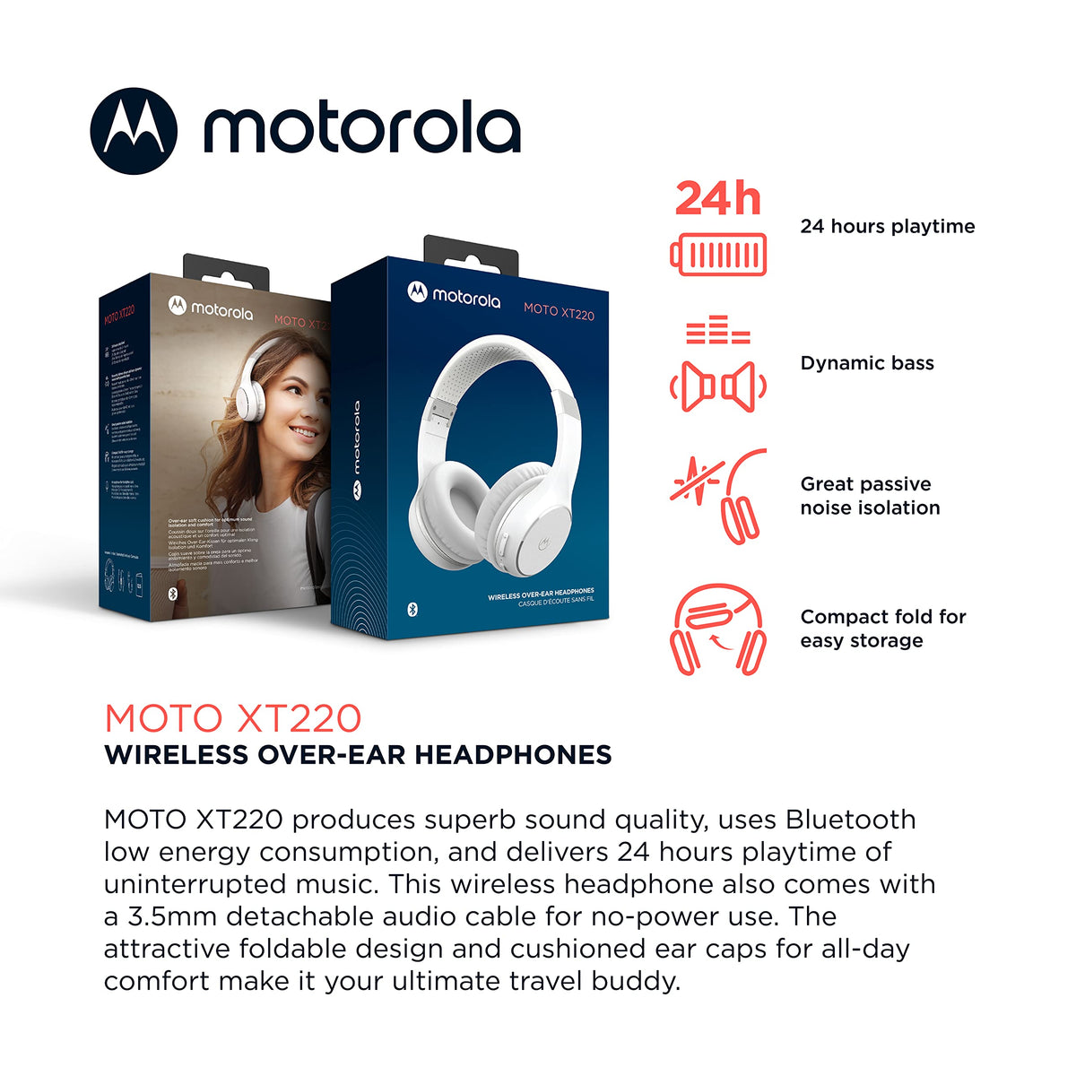 Motorola Sound Moto XT220 Bluetooth Wireless Headphones with Microphone, in-Line Control for Calls - Foldable Over-Ear Head Phones, Adjustable Headband, Dynamic Bass, Clear Sound - White