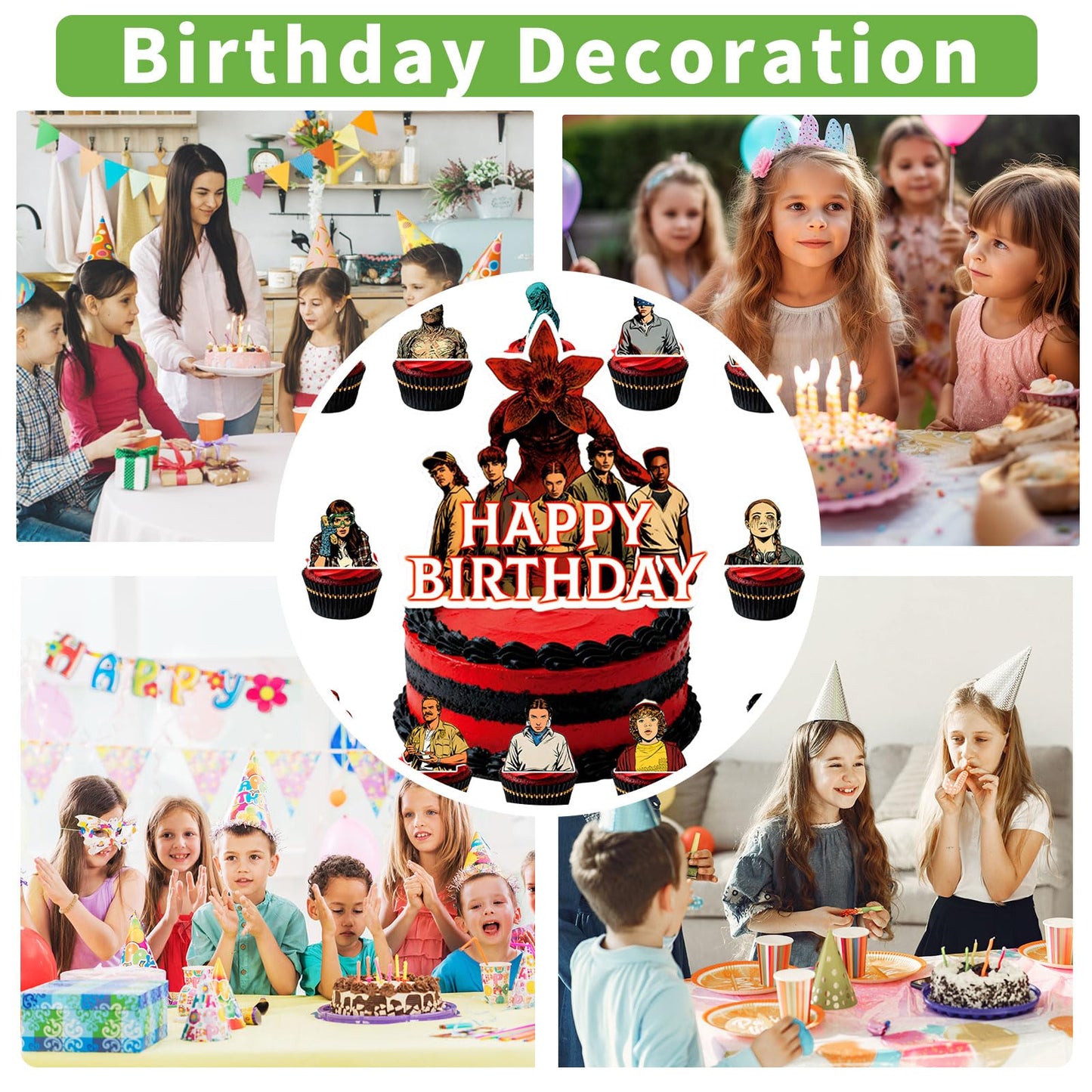 25 Pcs TV Series Character Happy Birthday Cake Toppers, Horror Theme Cake Topper, Includes 1 Happy Birthday Topper and 24 Dessert Decorations.