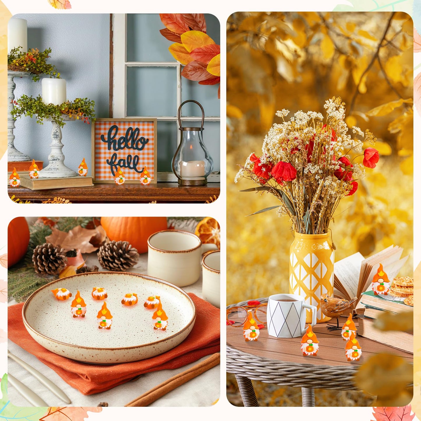 Whaline 50 Pcs Thanksgiving Mini Gnomes Figurines Fall Miniature Gnome Ornaments Pumpkin Maple Leaves Gnome Tiny Statue Figurine for Harvest Party Gifts Home Table Centerpieces Garden Landscape Decor
