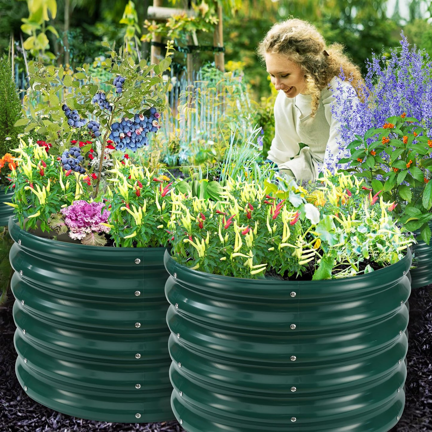YSEJOMP 17" Tall Round Outdoor Garden Raised Garden Bed Kits-0.8MM Thick Metal Raised Planter Bed/Ground Planter Box for Variety of Flowers,Herbs,Vegetables,Trees (Dark Green, 24 Dia X 16.5 inches)