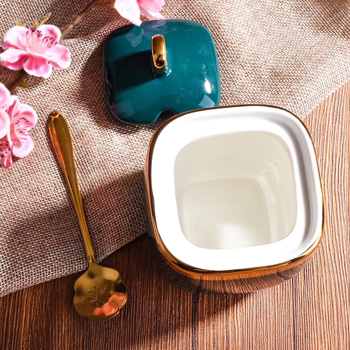 Cerficer Ceramic Sugar Bowl with Lid and Spoon - Emerald Green Golden Trim Porcelain Condiment Jar, Decorative Canister for sauce, Salt, Coffee, Tea, Kitchen Counter & Dining Table