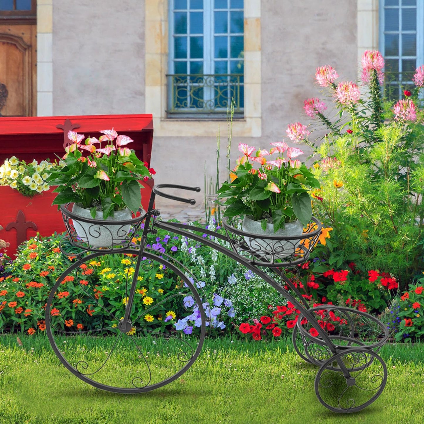 3 Tier Bicycle Planter Stand, Metal Tricycle Flower Pot Holder Hand Painted for Outdoor Garden Yard Patio Balcony Decoration (Black)