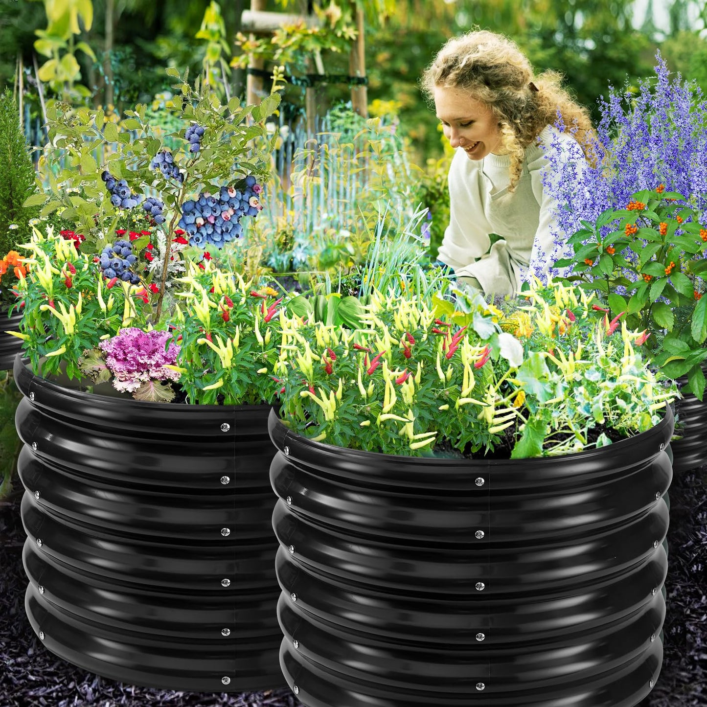 YSEJOMP 17" Tall Round Outdoor Garden Raised Garden Bed Kits-0.8MM Thick Metal Raised Planter Bed/Ground Planter Box for Variety of Flowers,Herbs,Vegetables,Trees (Black, 24 Dia X 16.5 inches)