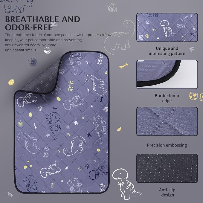 IEUUMLER Washable Pee Pads for Dogs, 2 Pack Non-Slip & Waterproof Pack Whelping Pad, Reusable Washable Puppy Potty Training Pad with Fast Absorbent for Playpen EU007 (Gray Dinosaur, 42"X28"-2pcs)