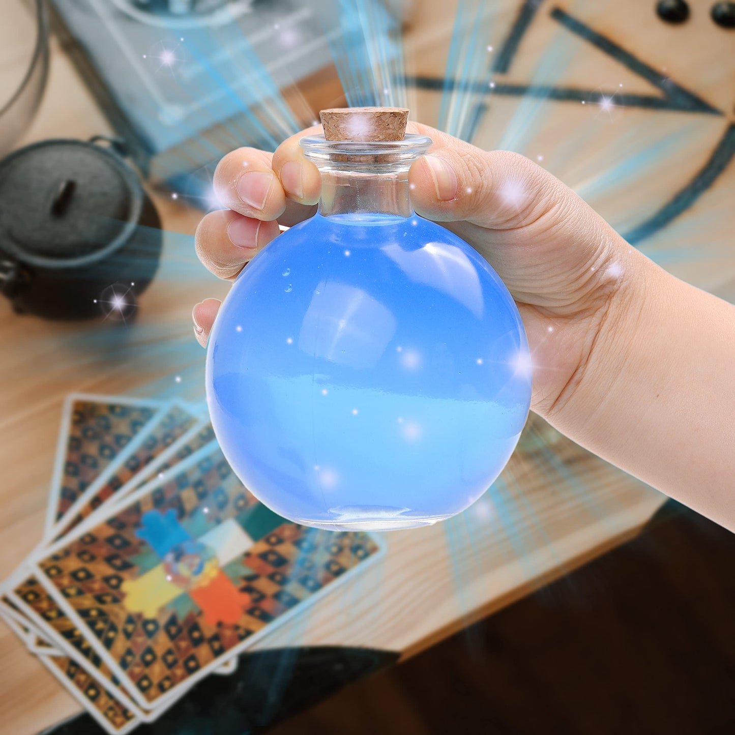 Eco-Fused Cosplay Potion Bottle 2x (Big/Small) - Clear Spherical, Wizard, Costume Accessory - Incl. Cork Stopper, Brown Faux Leather Sleeve Holder, Belt Loop