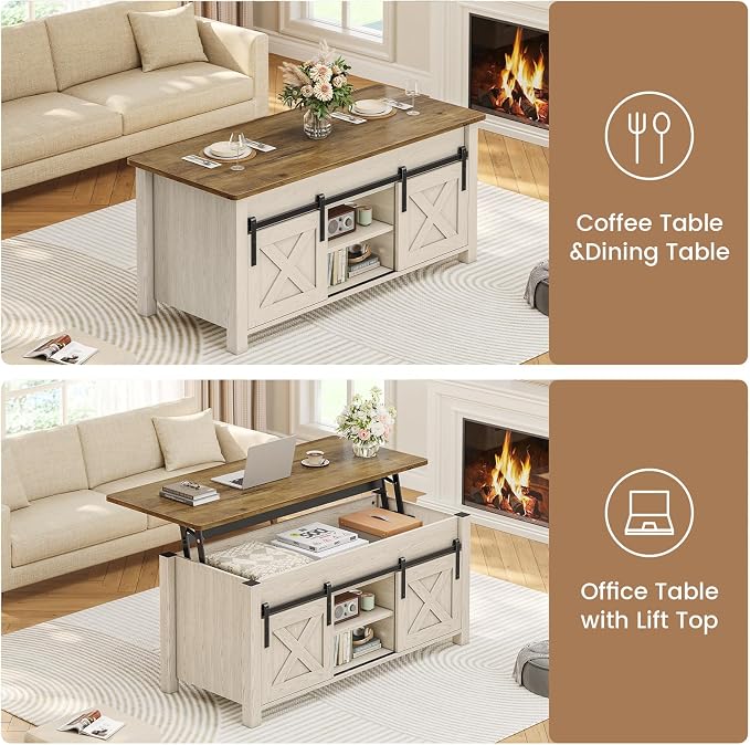 SEDETA Lift Top Coffee Table, Farmhouse Lift Tabletop Dining Table, Gas Spring, Hidden Compartment, Open Storage Shelf, for Living Room, White Brown
