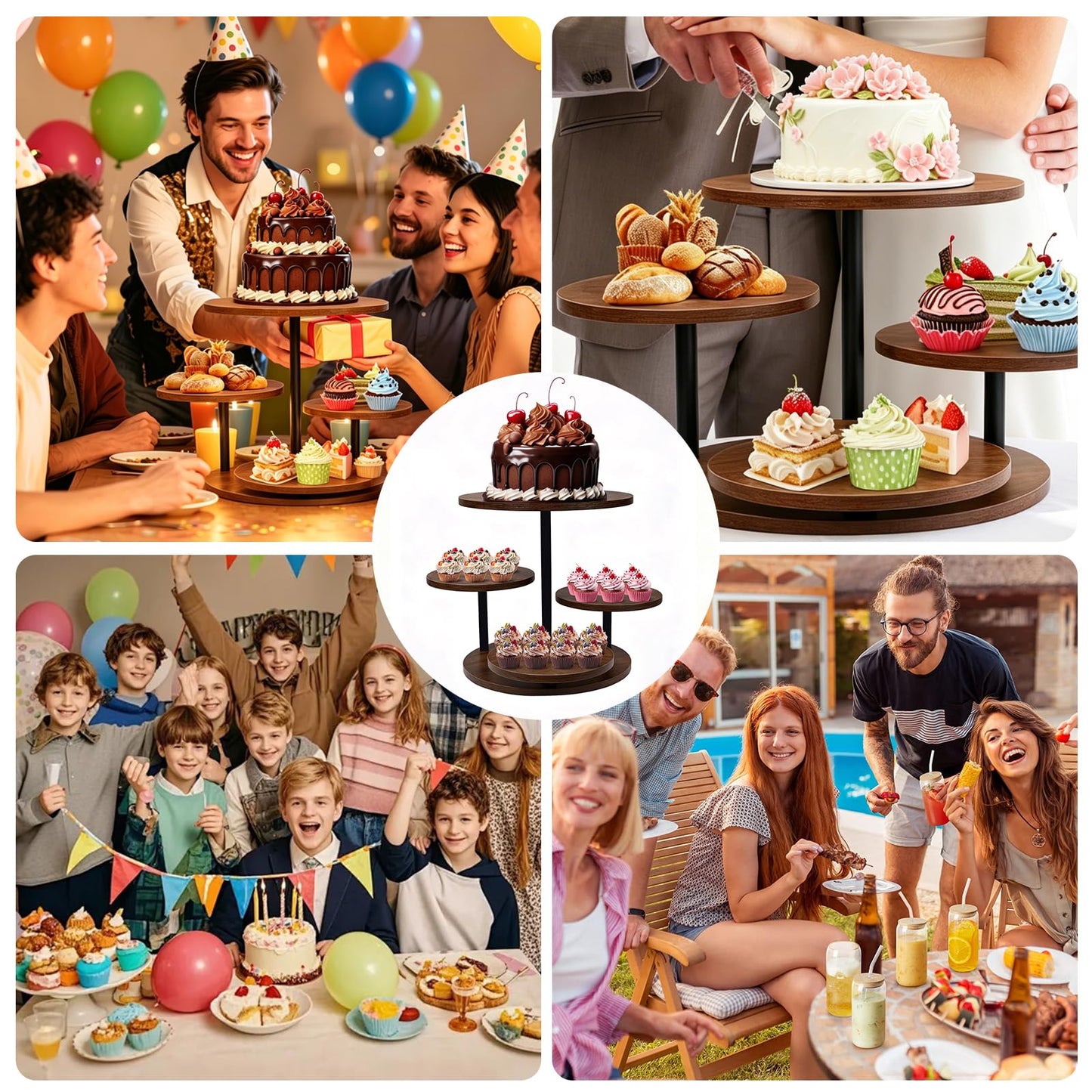 4 Tier Round Cupcake Tower Stand for 50 Cupcakes, 360° Rotating Wood Cake Stand with Tiered Trays, Farmhouse Cookie Stand for Dessert Table Display for Wedding Birthday Baby Shower Tea Party 