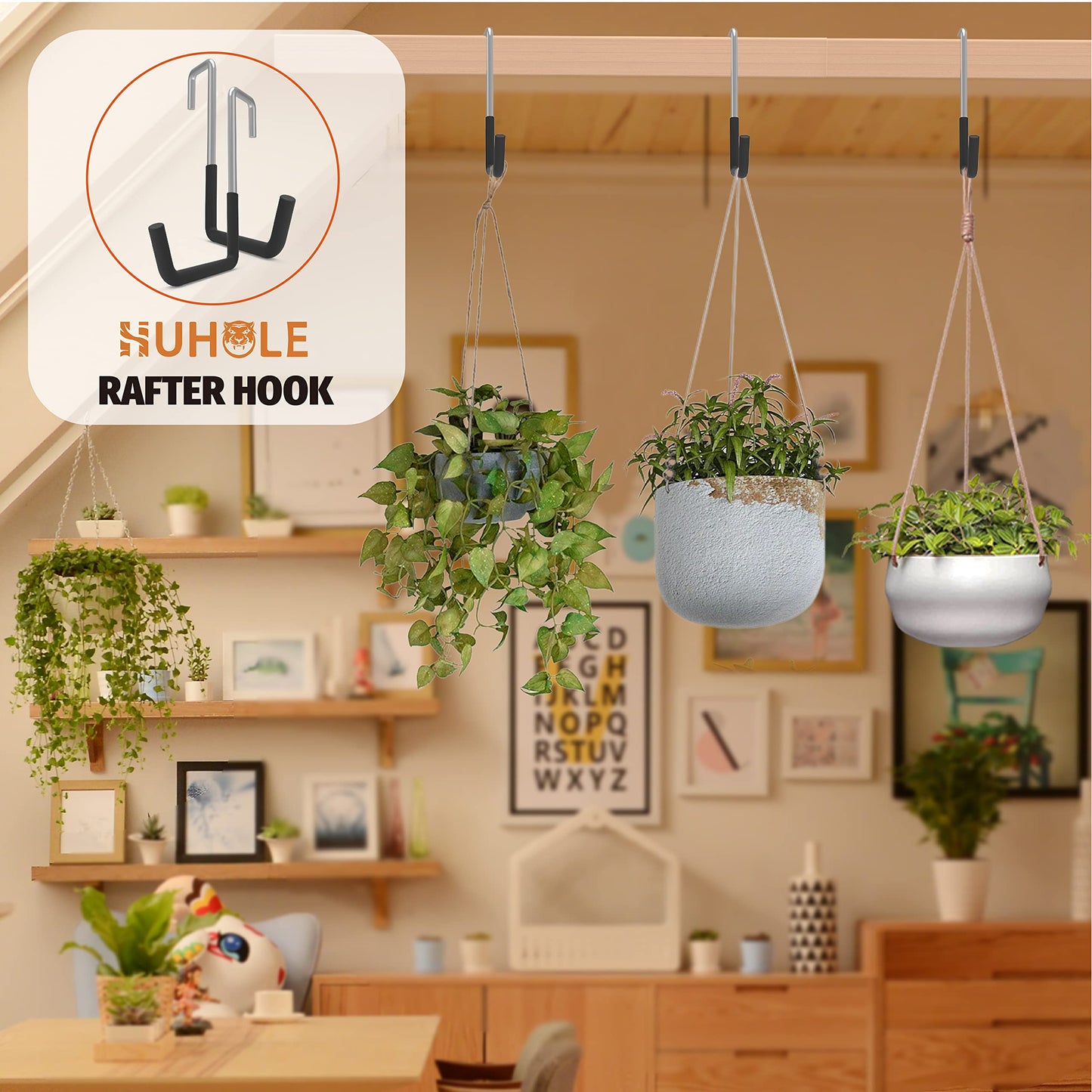 HUHOLE 4 Pack Rafter Hooks for Garage Storage – Heavy Duty Vinyl Coated Large S Hooks (50lb Capacity) – No-Drill Utility Hangers for Hanging Bikes, Ladders, Plants & Hoses on Wood Joists & Beams