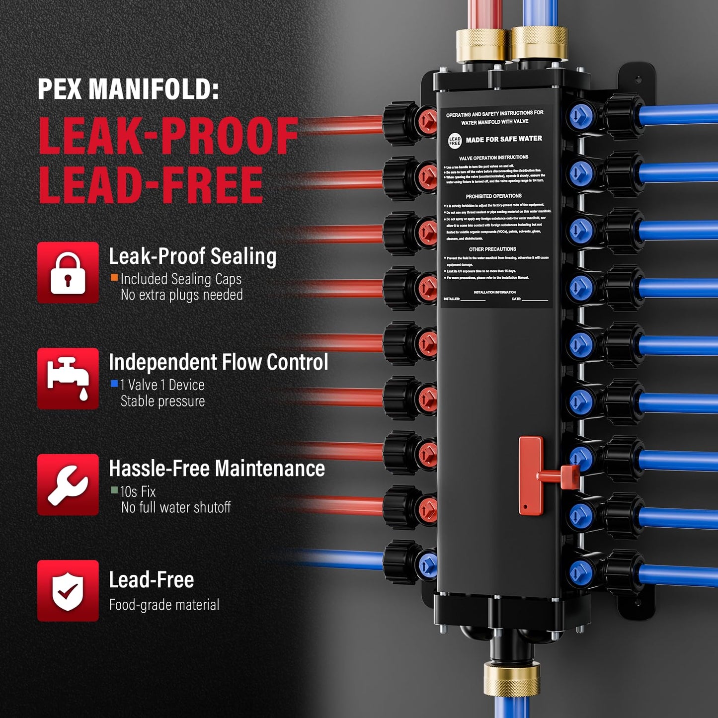 50250 18-Port PEX Manifold | Compatible with viega manabloc | 10 Cold 8 Hot Homerun Water Manifold | 3/4" Inlet 1/2" Zero Lead Alloy PEX Crimp | Quiet Flow & Corrosion Resistant Design