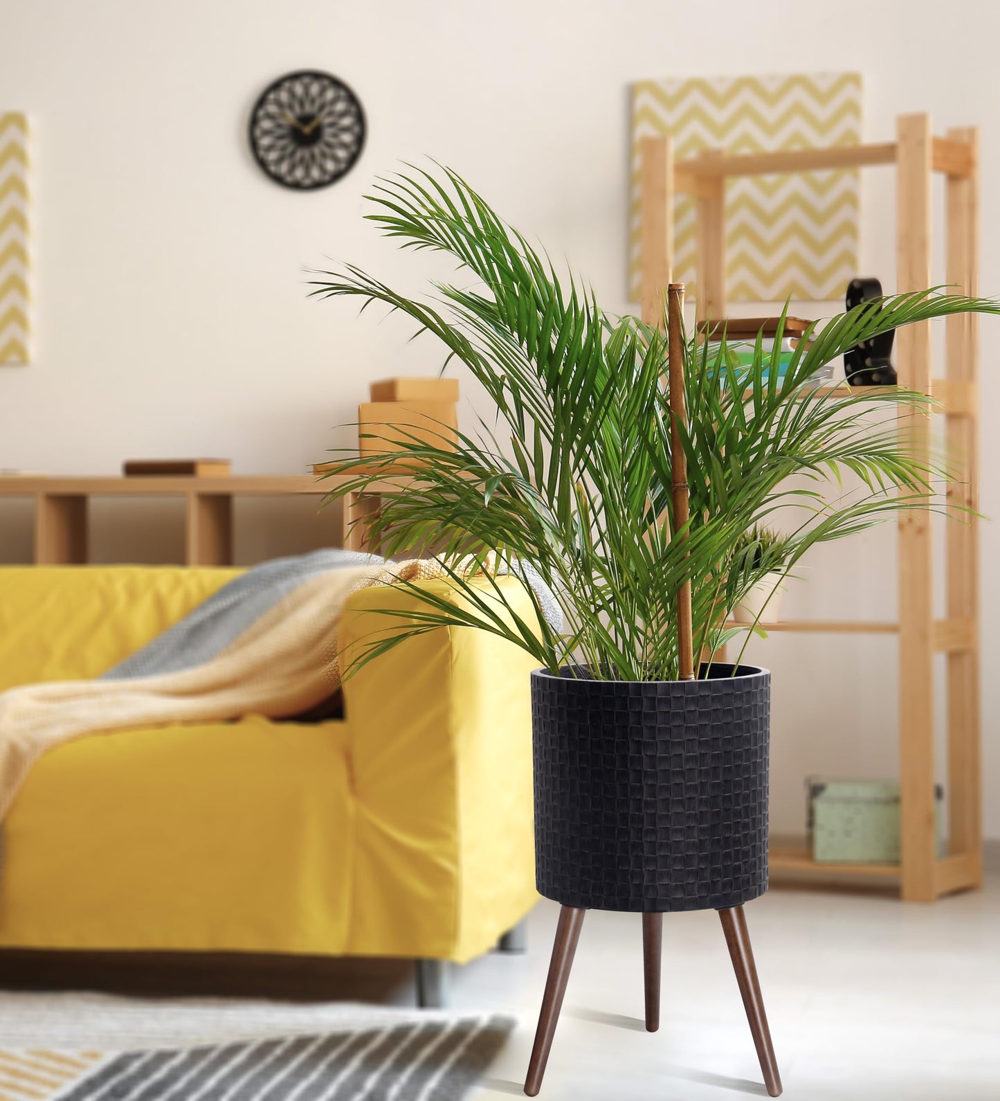 D'vine Dev 14 Inch Modern Geometric Tile Patterned Sleek Planter Pot with Stand, Indoor Outdoor Decorative Plant Holder, Distressed Black, 88-Z-D-5