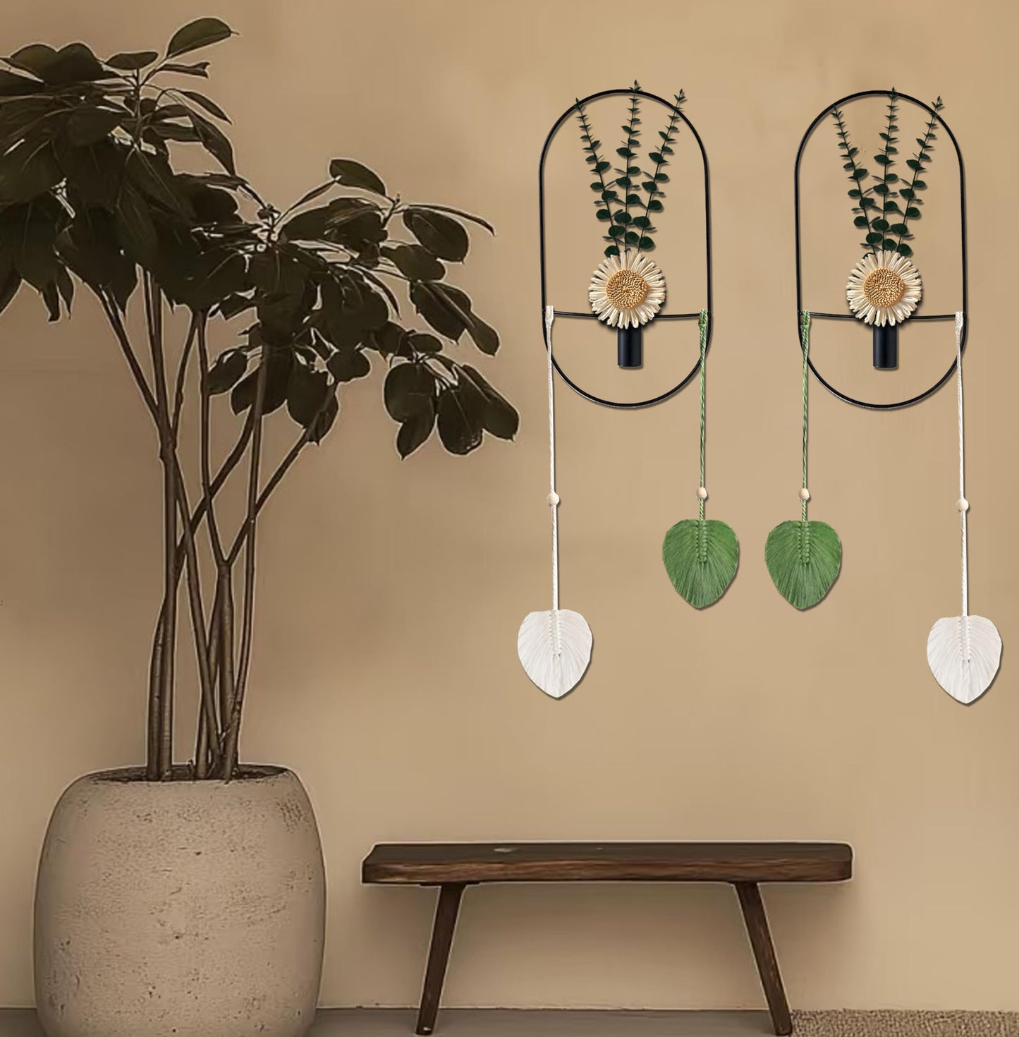 Black Wall Mounted Metal Planter, 2 Piece Set, Large Wall Hanging Vase with Faux Plants, Plant Wall Decor for Living Room, Bedroom, Bathroom, Dining Room