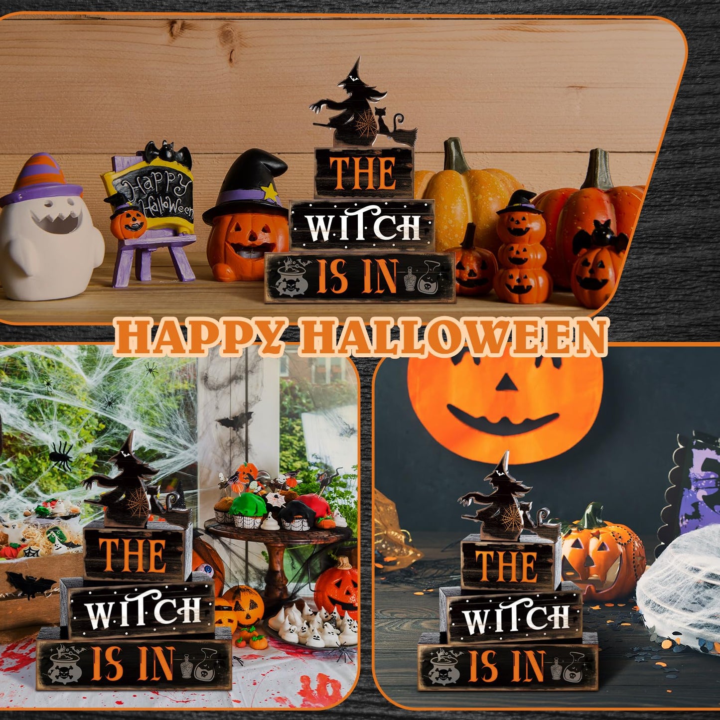 4 Pcs Halloween Table Decor Witch Black Cat Wooden Sign Halloween Tiered Tray Decor Farmhouse Witch Tabletop Centerpiece Rustic Brew Wooden Block Signs for Home Office Kitchen Shelf