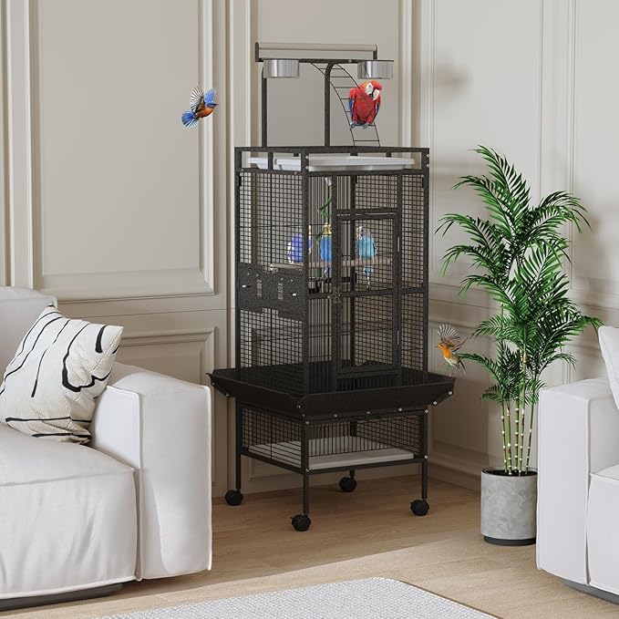 GarveeLife Large Bird Cage 60-inch Playtop Metal Bird Cages with Rolling Stands, Feed Bowls for Parakeets, Conures, Parrot Cage for Medium Large Parrot Cage with Slide-Out Tray Seed Guard, Black