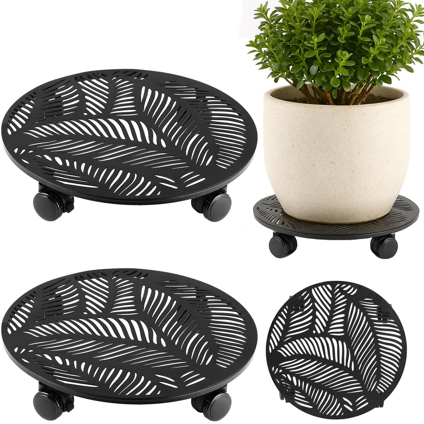 Planterhoma 2 Packs 12 Inch Large Metal Plant Caddy with Wheels Heavy-duty Rolling Plant Stand with Casters Flower Pot Mover Roller Base Flower Pot Dolly Coaster Trolley, Tropical Leaf