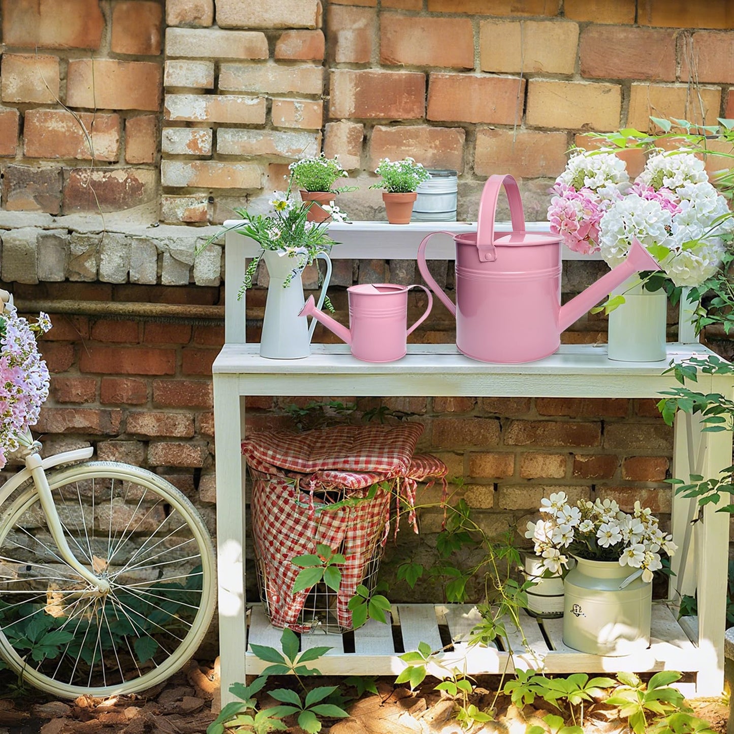 Small Metal Watering Can Set, Pink, 1.2L and 0.23L Garden Cans with Long Spout, Indoor Outdoor Plant Care (Pink)