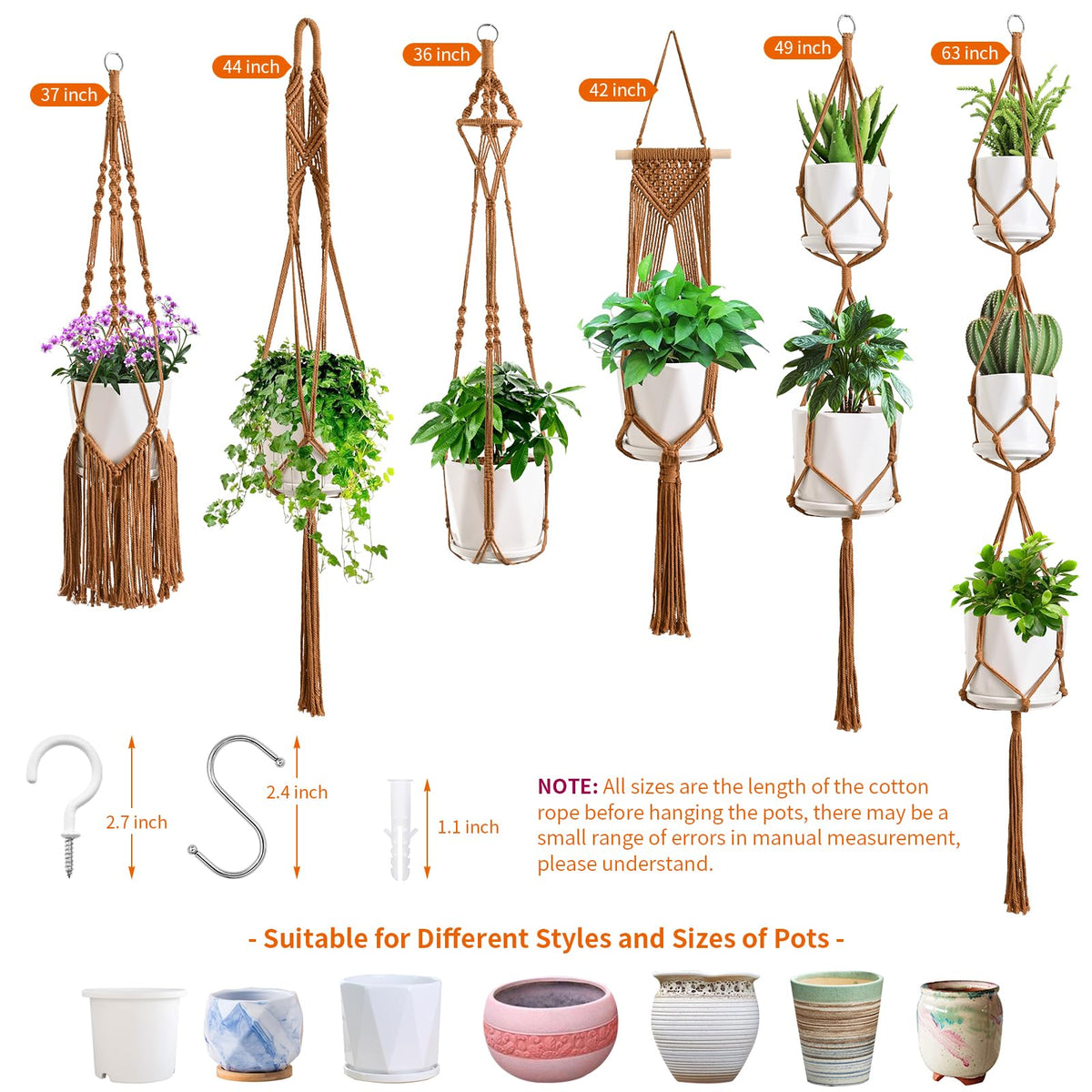SFENNGPET Macrame Plant Hangers, 6Pack Hanging Planters for Indoor Plants w/ 6 Set Hangers Kit Handmade Macromay Plant Hangers Indoor Flower Pots Holder Stand for Boho Home Décor (POTS NOT Included)