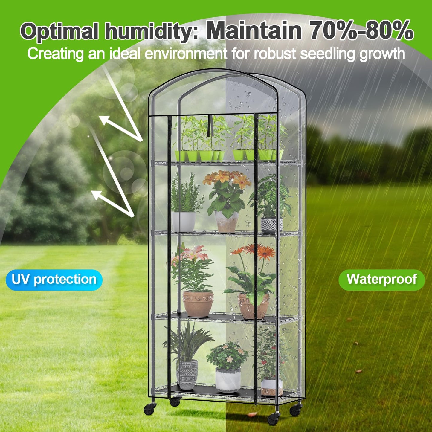 Abimars 4-Tier Greenhouse with Wheels, Height-Adjustable Shelves Metal Plant Shelf with PVC Cover for Seed Starting Trays, Seedling Pots, Plant Pots, 13x29x73inch