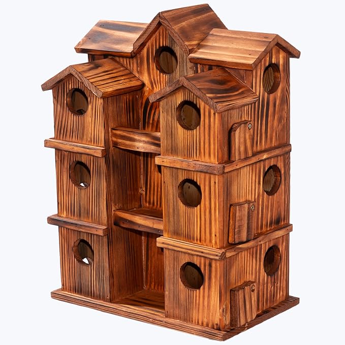 MIXUMON Wooden Bird Houses for Outside β 15 Rooms Multi-Chamber Bird House, Carbonized Pine Rustic Finish, 1.57" Entrance Holes, Individual Cleaning Doors, Decorative Outdoor Bird Nesting Box