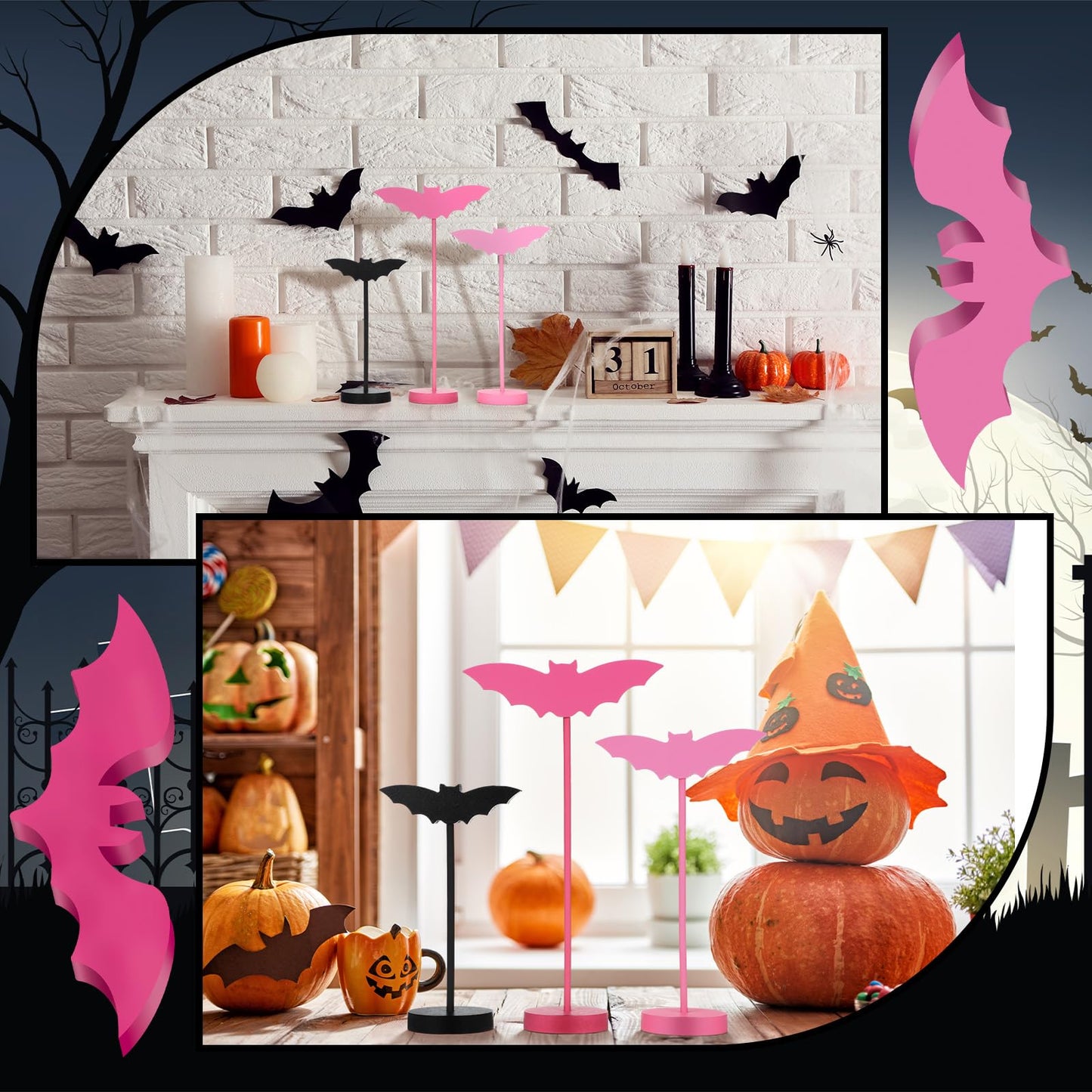 Geetery 6 Pieces Halloween Table Decorations Tall Standing Bat Decor Wood Sign Block Wooden Bats Centerpieces Rustic Tabletop Home Table Topper Sign for Halloween Party Favor Home Room Decor (Pink)