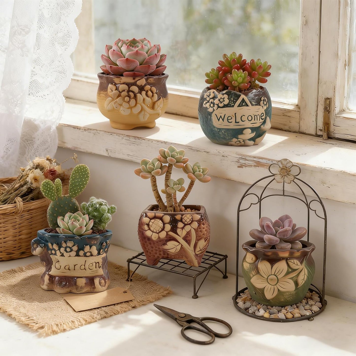 ginojex Succulent Ceramic Garden Pots Small Plant Planter Container with Drainage Set of 5 for Home Office Decor