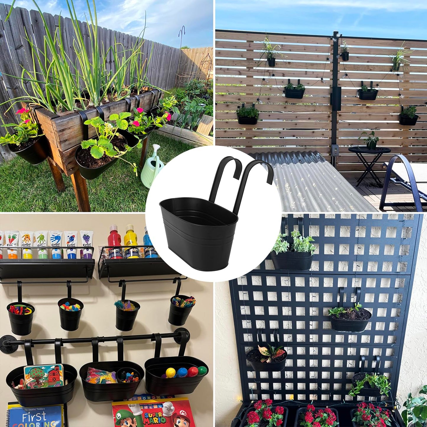 Biugaaufai 6 Pack Metal Railing Planter for Outdoor Plants, BlackIron Railing Planters, Metal Window Hanging Flower Pots for Balcony, Fence, and Patio Railings, Garden Decor with Drainage Holes