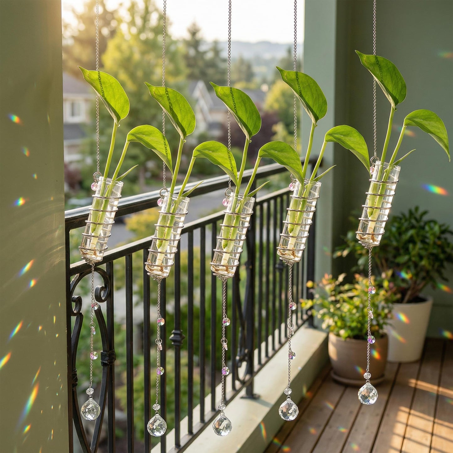 H&D HYALINE & DORA 6 Pcs Hanging Plant Propagation Station with Crystal Ball Prisms Suncatcher and Cleaning Brush, Glass Plant Suncatcher for Indoor Wall Plants Gifts for Plants Lovers(Silver)