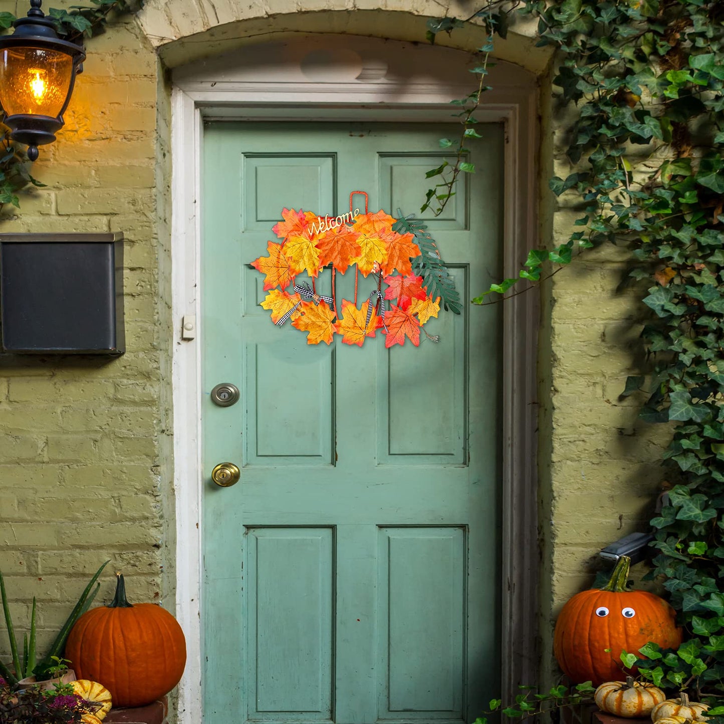 Halloween Pumpkin Wreath Frame Thanksgiving Pumpkin Frame Metal Wire Pumpkin Wreaths Frame Form Floral Fall Pumpkin Wreath with Welcome Sign for Halloween Craft Window Door Holiday Decoration