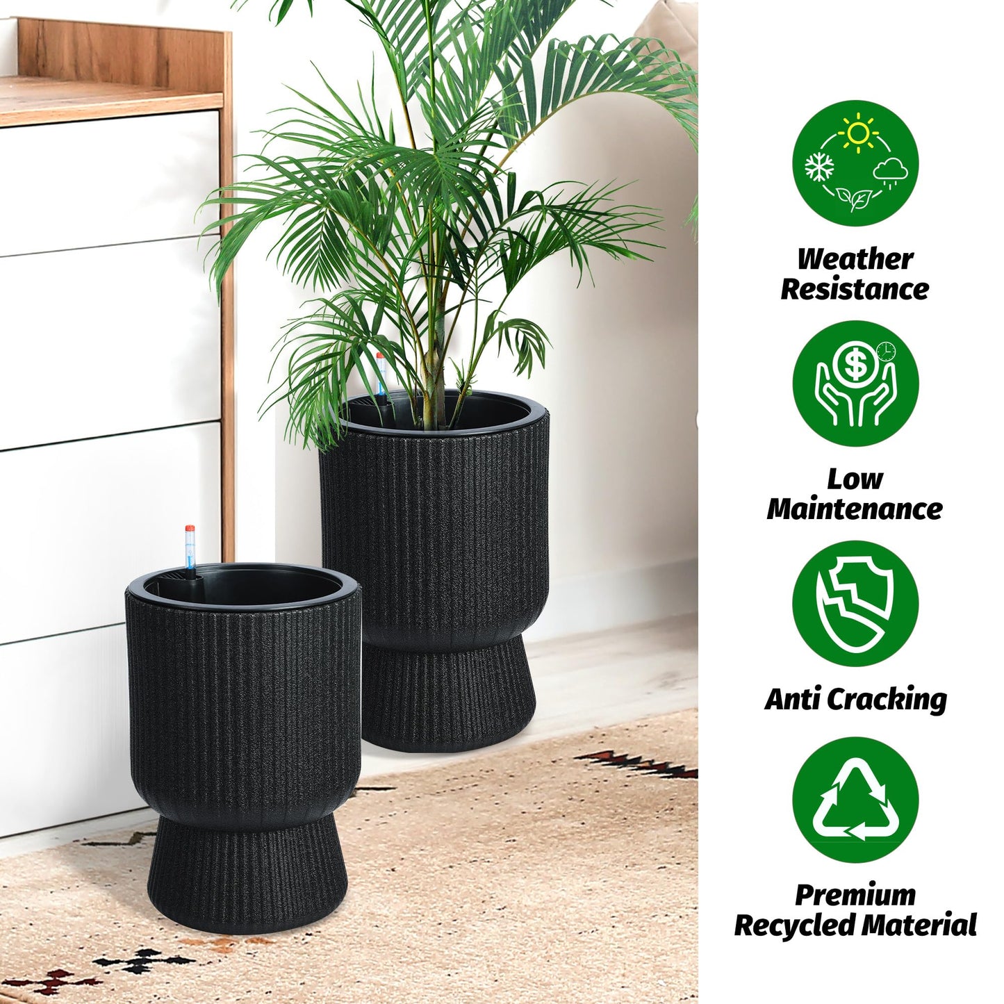 GarveeLife 14.2 in Planters Set of 2, Outdoor&Indoor Black Planter Pots, Planter Pots with Inner Bucket and Water Level Monitor, for Patio, Porch, Living Room, or Home Office, Classic Black