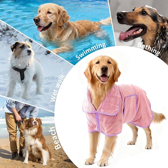 Soft Dog Bathrobe Fast Drying Dog Coat, Super Absorbent Dog Towels for After Bath, Microfiber Pet Robe Adjustable Collar & Belly Warm Keeping Dogs Coat for Pet Dogs & Cats (Pink, XX-Large)