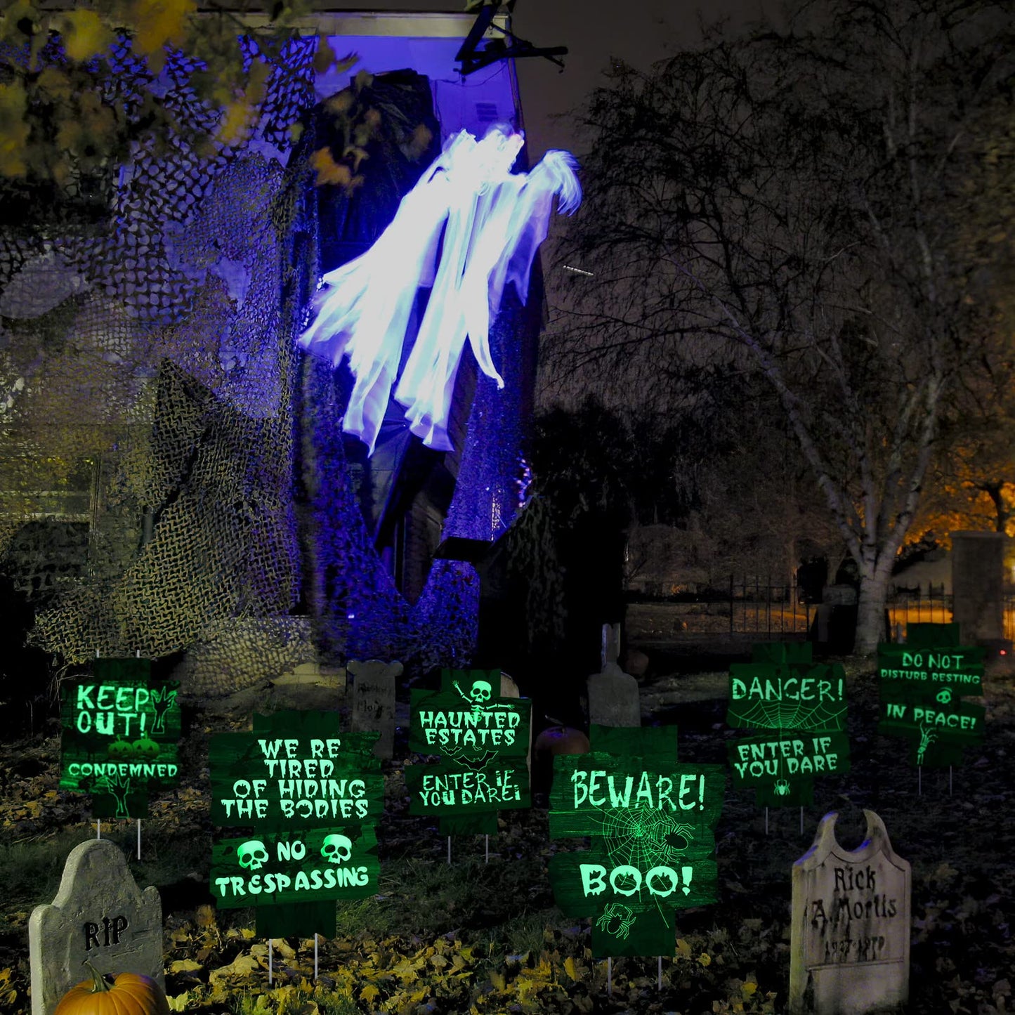 6 Pcs Halloween Decorations Glow in Dark Yard Sign Fluorescence Scary Halloween Outdoor Decorations Beware Props for Lawn Graveyard Graves Haunted House Zombie Vampire Graves Holiday Party