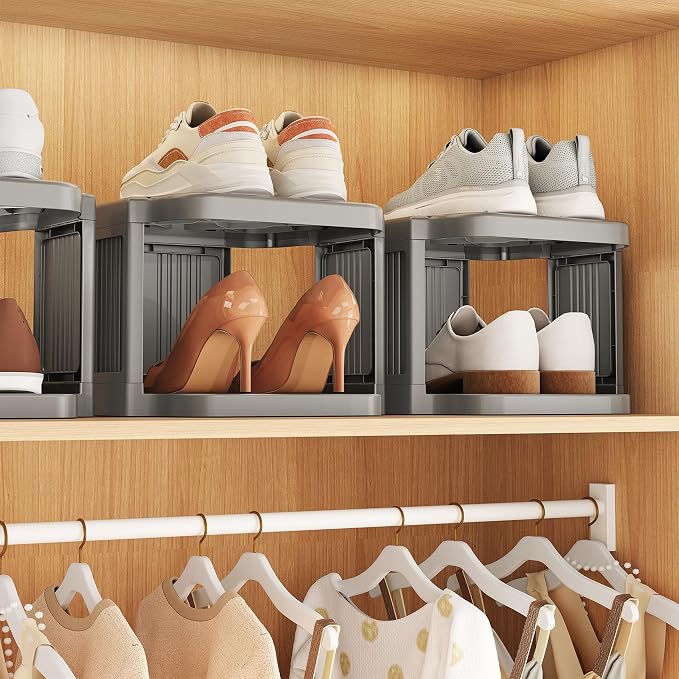 Kitstorack 8-Tier Vertical Plastic Shoe Rack, Freestanding Stackable Shoe Storage Organizer Cubes Shoe Shelf Tower or Small Closets and Tight Spaces, Gray