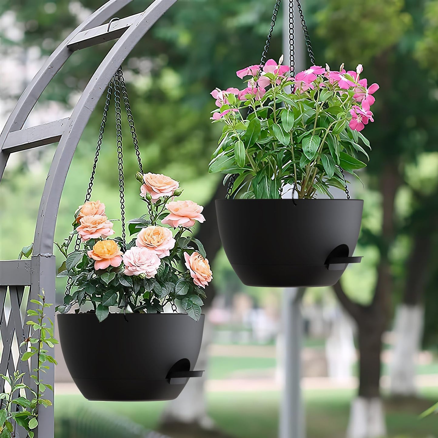 UOUZ Set of 3-10 Inch Self Watering Hanging Planters for Indoor & Outdoor,Hanging Plant Pots with Drainage & Removable Tray, Hanging Pots Holder for Ivy, Spider Plants, Ferns, Balcony & Patio, Black