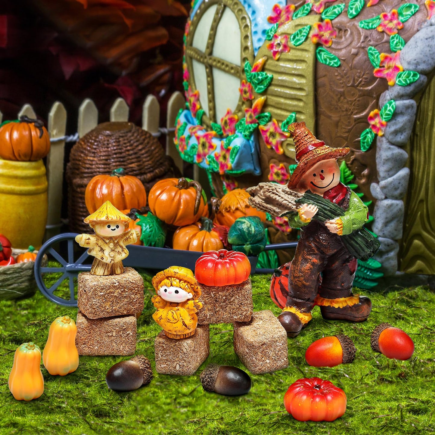 Arrowbash Fall Village Accessories Mini Hay Bales Set Fall Miniature Figurines with Acorns Pumpkins Scarecrow Simulation Farm for Dollhouse Farmhouse Autumn Harvest Thanksgiving Tabletop Decor