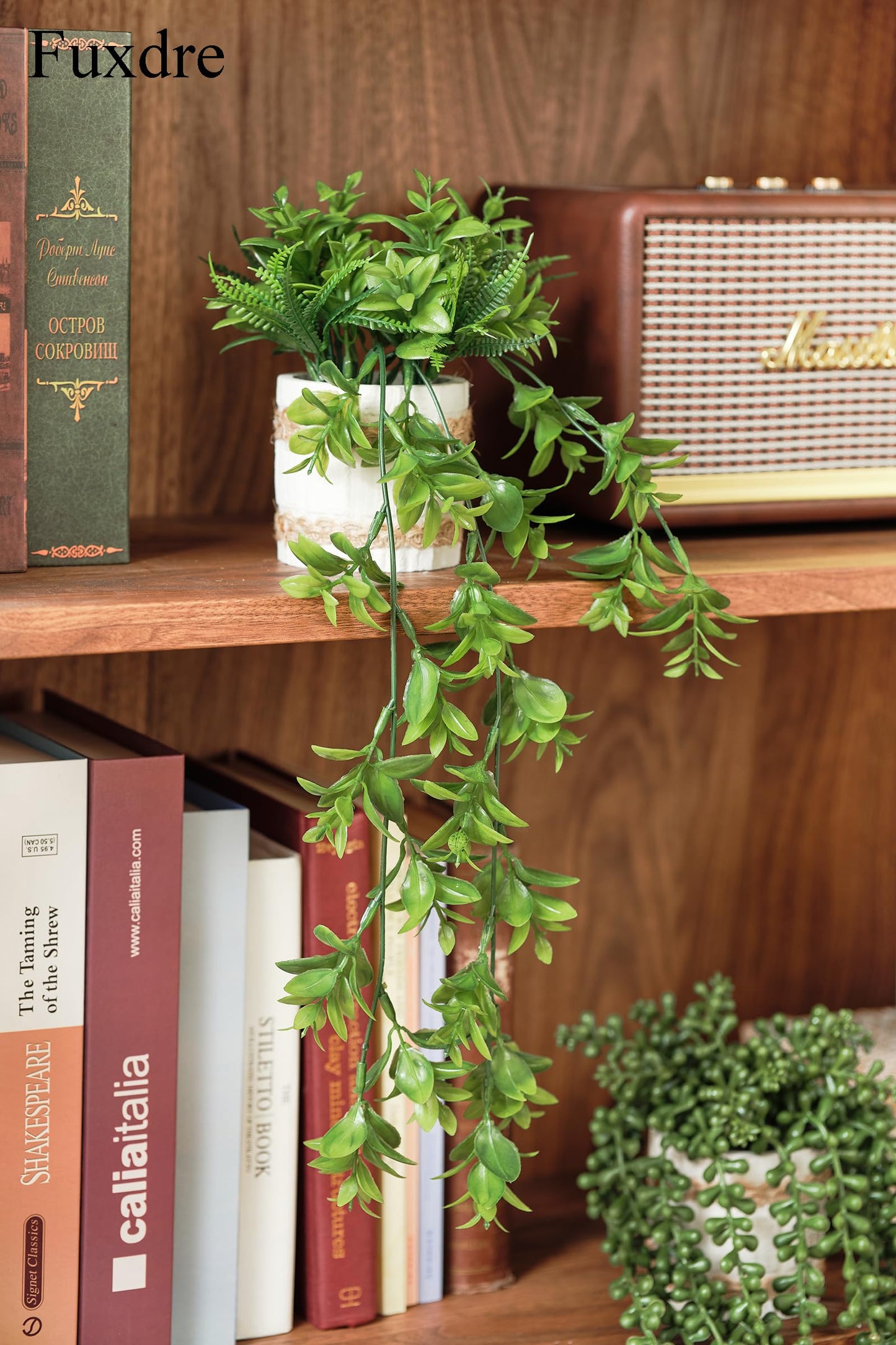 Fuxdre Fake Hanging Plants, 2pcs Artificial Potted Greenery Faux Eucalyptus Vine Fern and String of Pearls in Pot for Home Room Wall Shelf Patio Garden Indoor Outdoor Decor