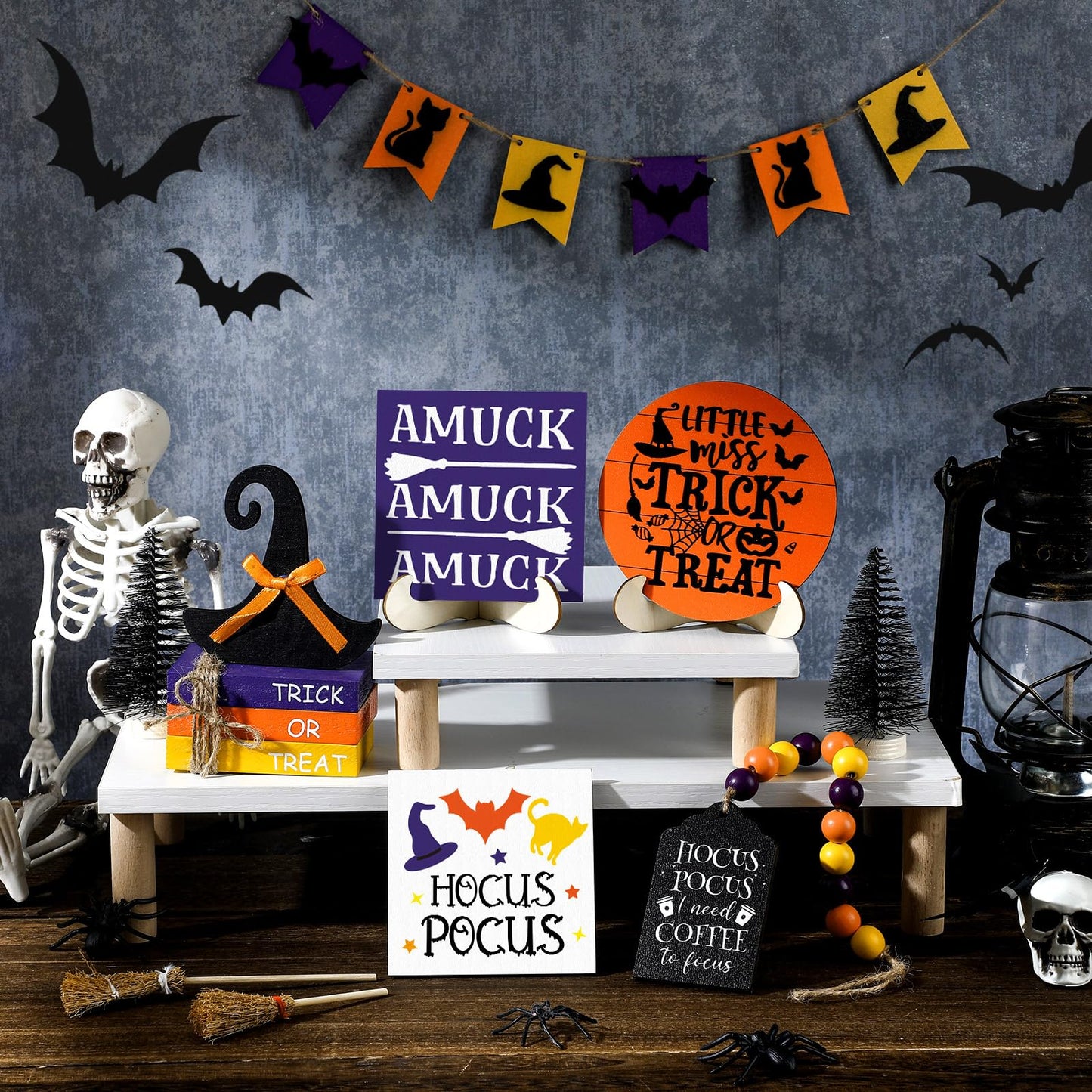 Wonderjune 19 Pcs Halloween Hocus Pocus Tiered Tray Decor Coffee to Focus Witch Table Decor with Wooden Signs Bead Garland Farmhouse Rustic Halloween Decorations for Home Table Party Supplies