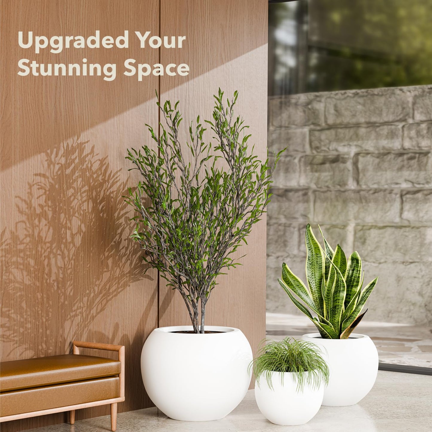 KUTE NEST 12.8"H x 16"D Premium Globo Fiberstone Round Planter with Drainage Hole, Smooth Finishes, Weather Resistant for Indoor and Outdoor Use, Included 2 Extra Coco Mats (White, 10.7" Pot Opening)
