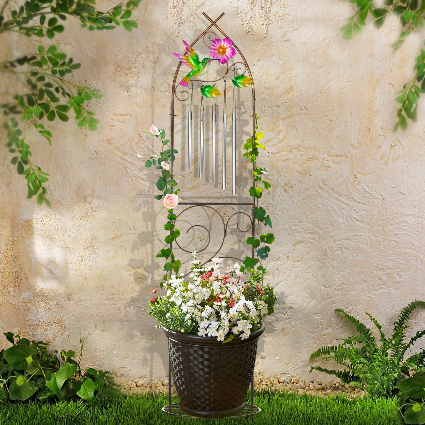 Plant Stands with Garden Trellis, 48” Metal Standing Wind Chimes Plant Pot Trellis with Hummingbird for Garden Patio Backyard Climbing Plants Outdoor Decor