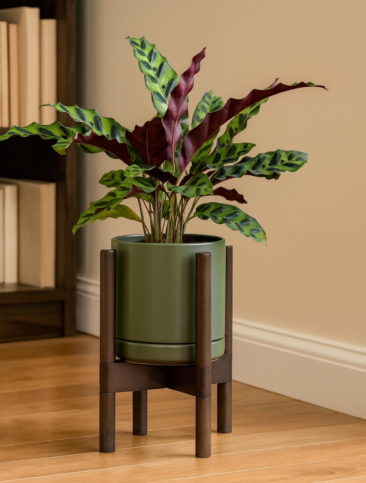 D'vine Dev Ceramic Planter with Walnut Color Stand - 8 Inch Modern Round Flower Pot with Wood Planter Holder, Olive, 55-B-Y-J
