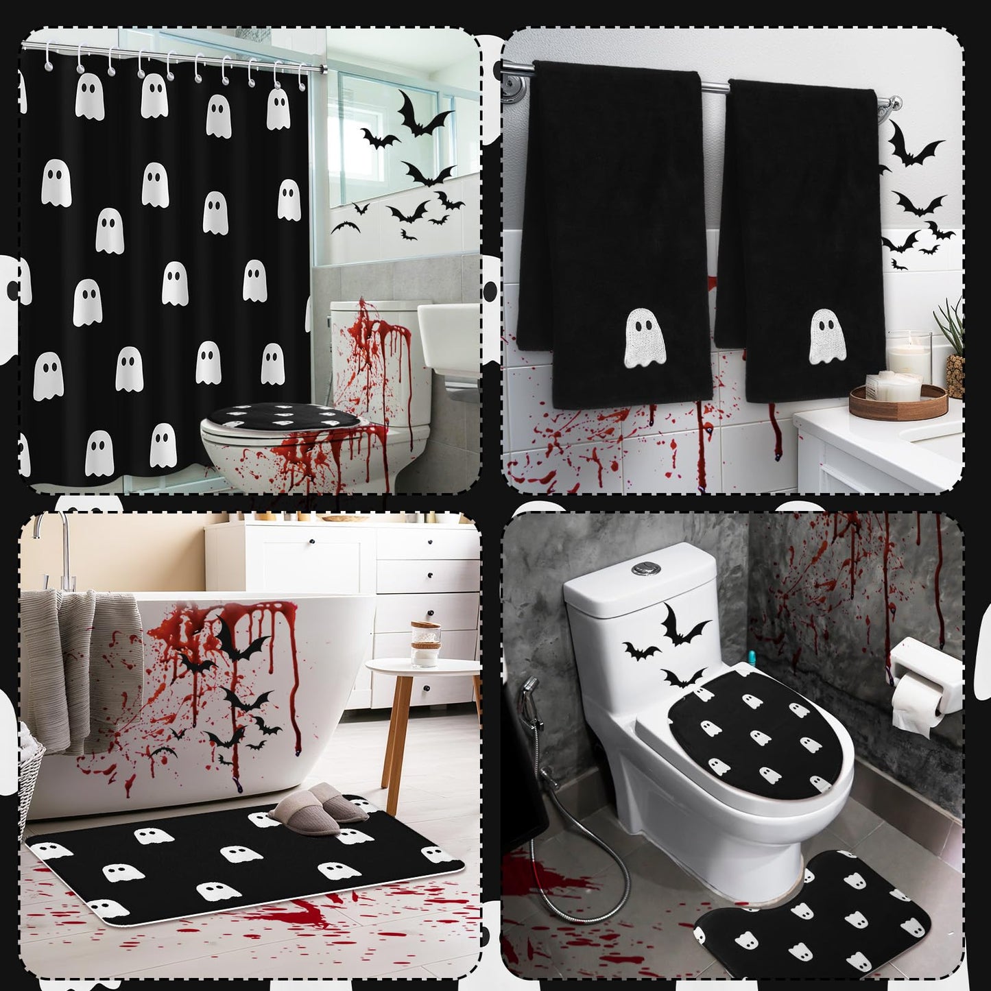 Maasechs 6 Pcs Halloween Ghost Shower Curtain Set 72" Ghost Bathroom Curtain with 12 Hooks Non Slip Rug Toilet Lid Cover Embroidered Towel U Shaped Rugs Non Slip Bath Mat for Halloween Home Decor