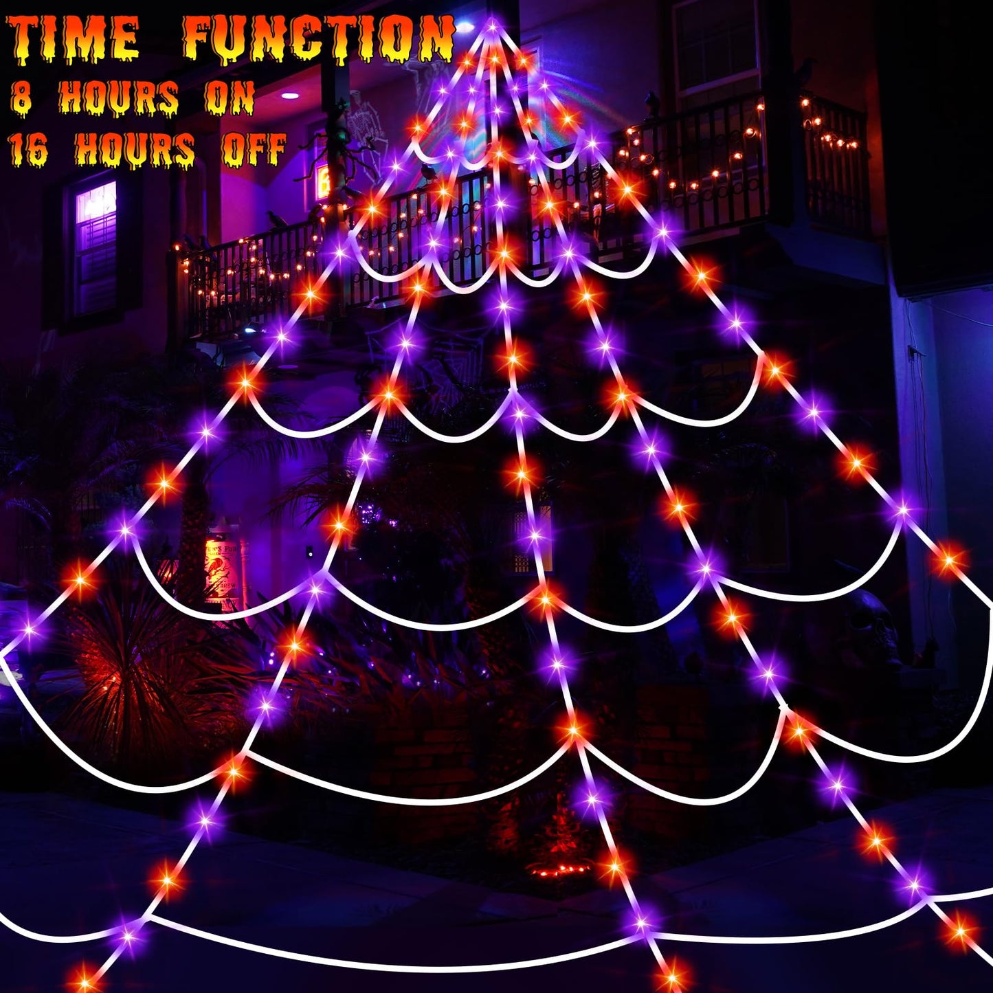 Halloween Decorations Outdoor, 250 LED Halloween Giant Spider Web Lights, 200" Lighted Spiderweb Light up with 8 Modes for Yard Haunted House Decor, Remote Control Without Spider Purple Orange