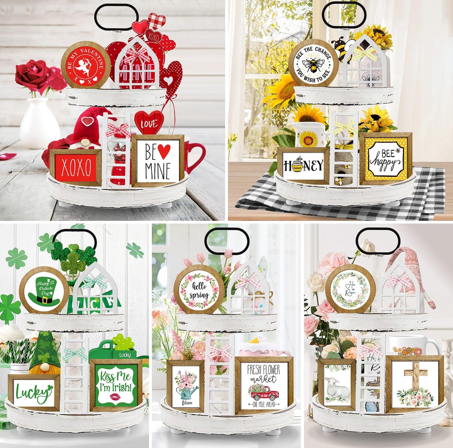 nuvagiki Interchangeable Seasonal Tiered Tray Decor Set, Farmhouse Holiday Wooden Sign Kit with Frames, Ladder & Arch, Year Round Home Decorations for Bee Spring Summer Patriotic (Tray Not Included)