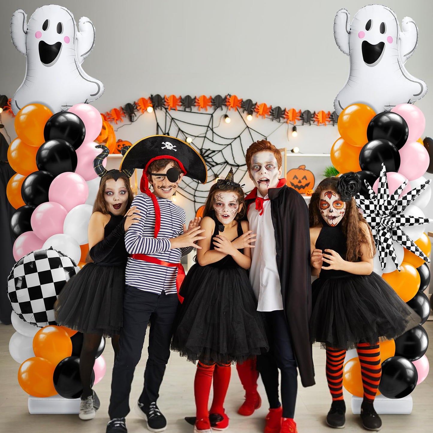 Kasyat 2 Sets Pink and Orange Halloween Balloon Arch Kit with Ghost Black White Checkered Round Ball Explosion Star Foil Balloon Orange Pink Black White Garland for Spooky Theme Party Decoration