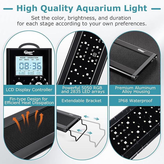 hygger 58W Aquarium Light, 24/7 & DIY Mode Fish Tank Light with Timer, IP68 Waterproof Full Spectrum, 8 Colors, 10 Brightness Day & Night Cycle Memory Function for 47-53 Inch Tank