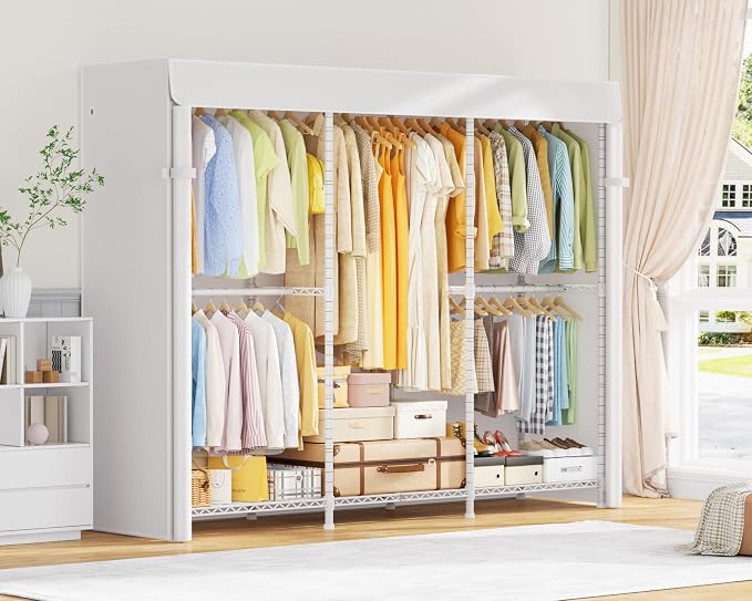 ULIFHOME E14C Pro Heavy Duty Closet Organizer System,Freestanding Clothing Racks for Hanging Clothes,Adjustable Garment Rack 69" W × 16" D × 77" H Hold 960 lbs,White Rack with White Dustproof Cover