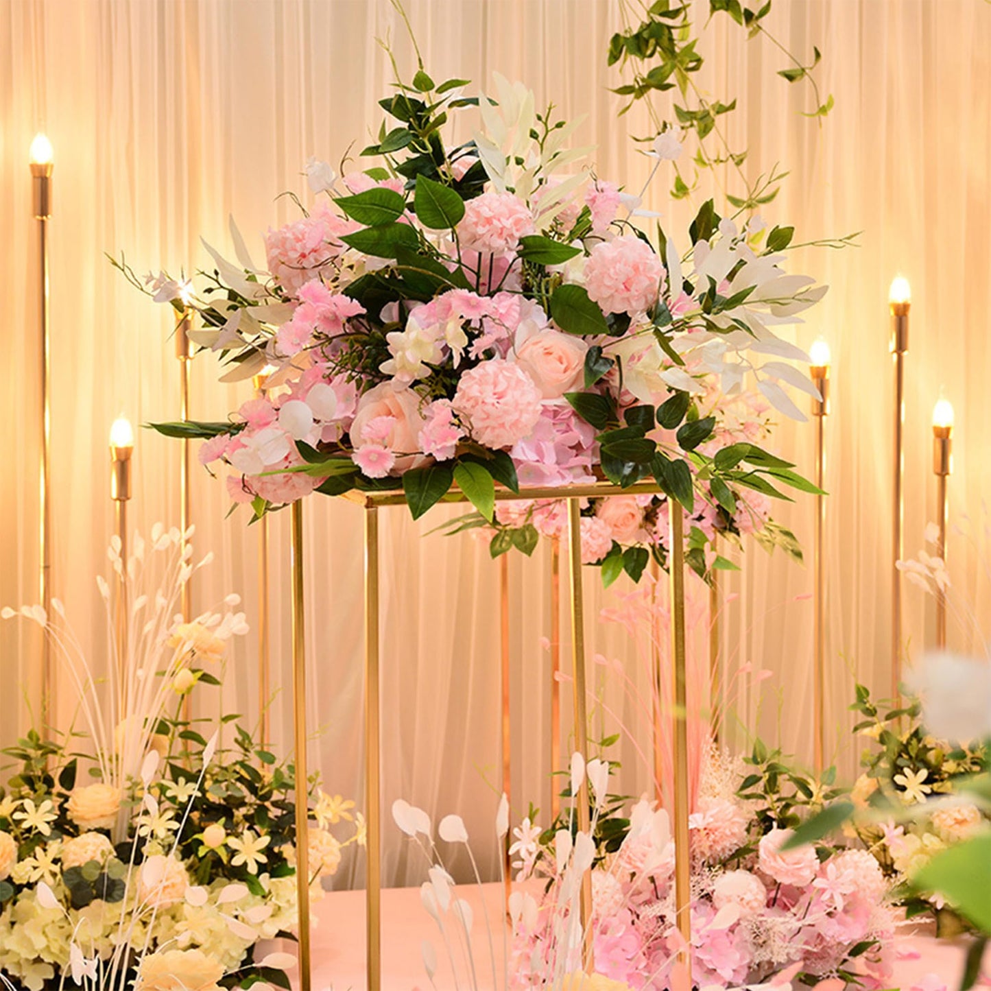 Gold Wedding Flower Stands, Set of 2 Metal Vases Column Geometric Wedding Table Display Centerpieces 31½ inches Tall Floral Decoration Holders for Wedding Party Decor