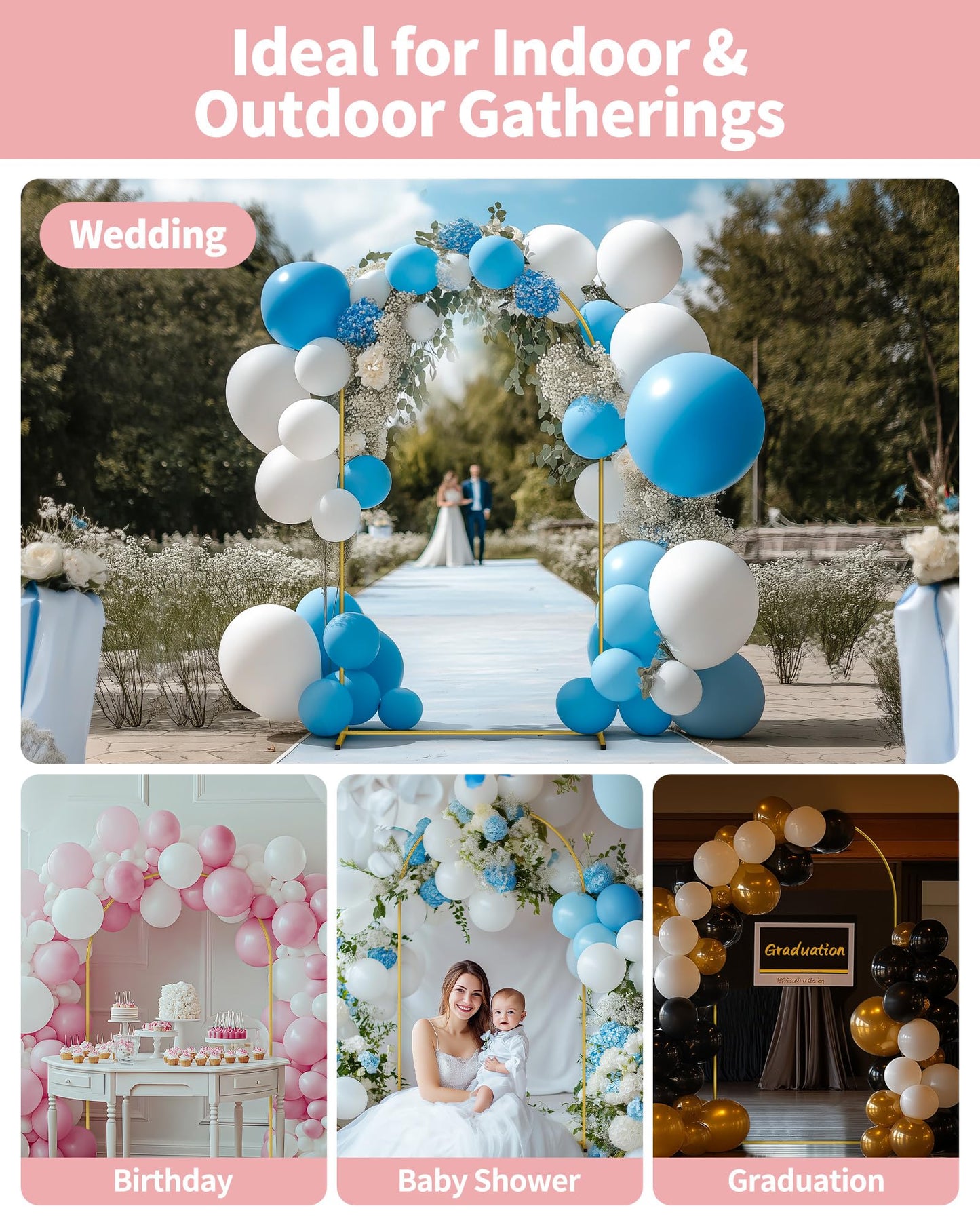 Pureegg Gold Metal Arch Backdrop Stand Set of 3 (7.2ft & 6.0ft & 6.0ft), Wedding Balloon Arch Stand with Stable Base, Backdrop Frame & Cover for Party, Birthday, Graduation, Photo Booth, Easy Assembly