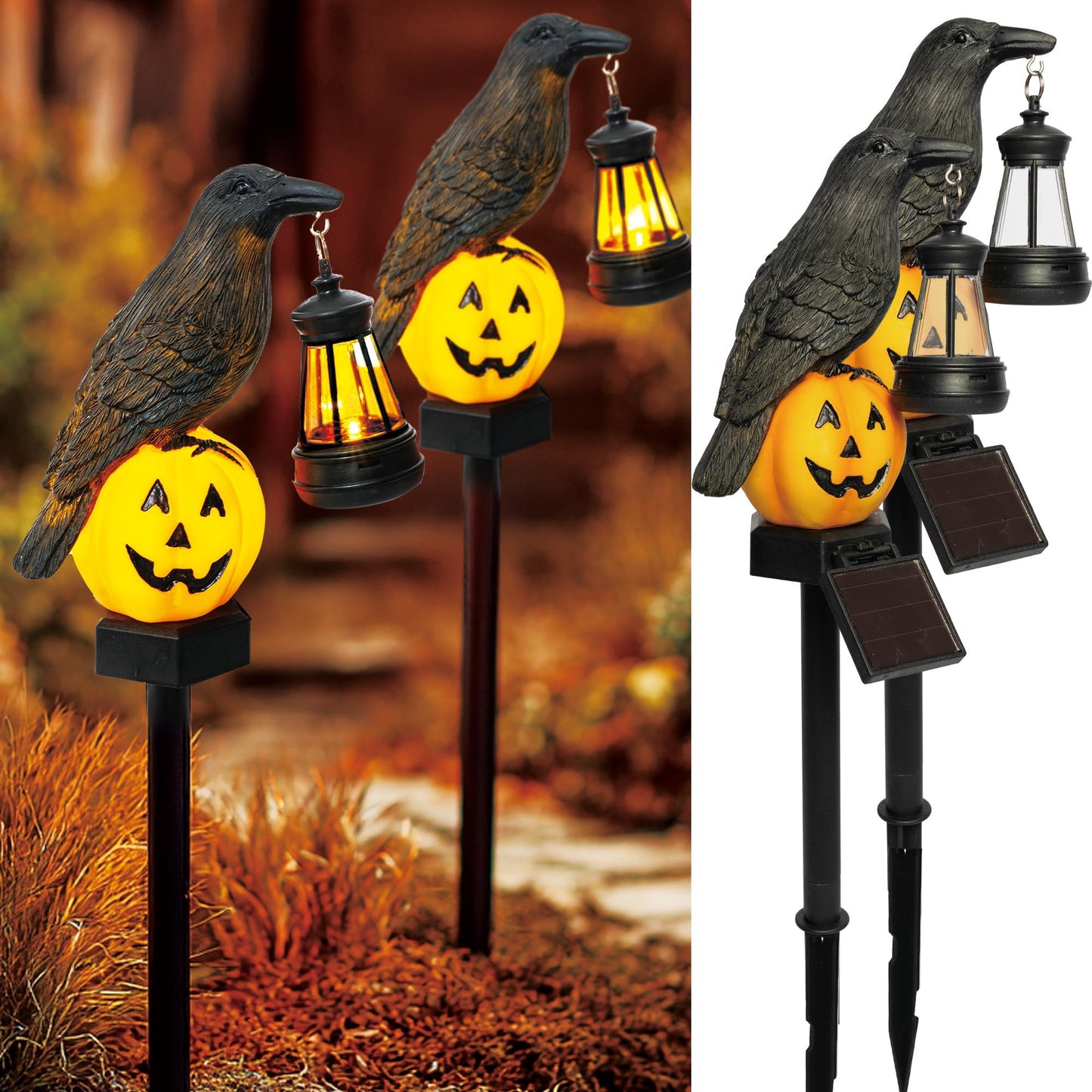 Dazzle Bright 2 Pack Halloween Crow Pathway Lights Outdoor, Solar Powered Resin Crow with Pumpkin Walkway Lights, Stake Light for Halloween Pathway Garden Lawn Yard Gifts Decoration